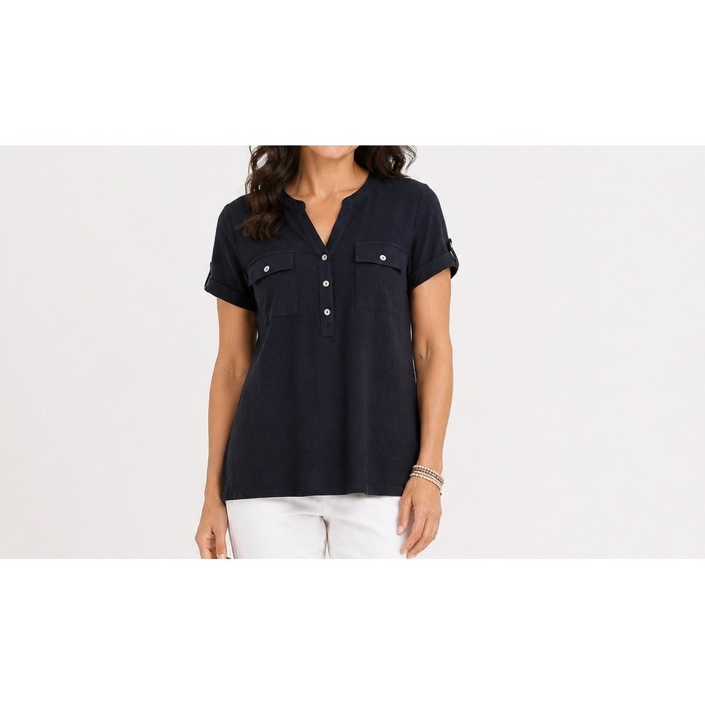 J.Jill Navy Blue Linen Blend Henley Short Sleeve Cuffed Blouse Top Medium